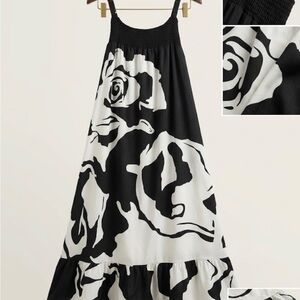 Black White Rose Floral Maxi Dress Smocked Bust Spaghetti Strap Ruffle Hem